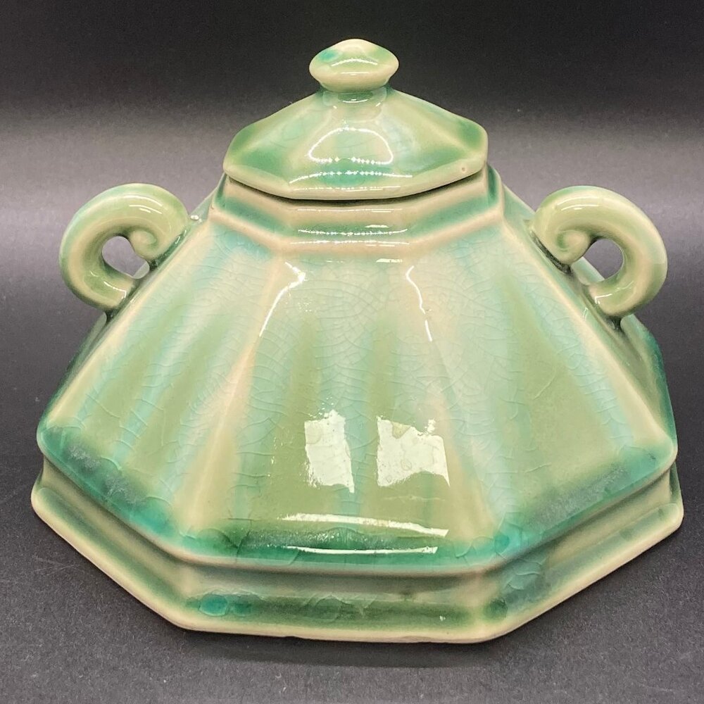 Celadon Lidded Octagon Shaped Sugar Bowl with Handles by Anthropologie